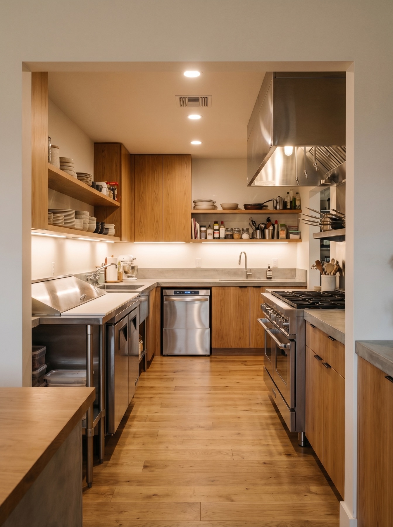 Compact café preparation kitchen in natural timber