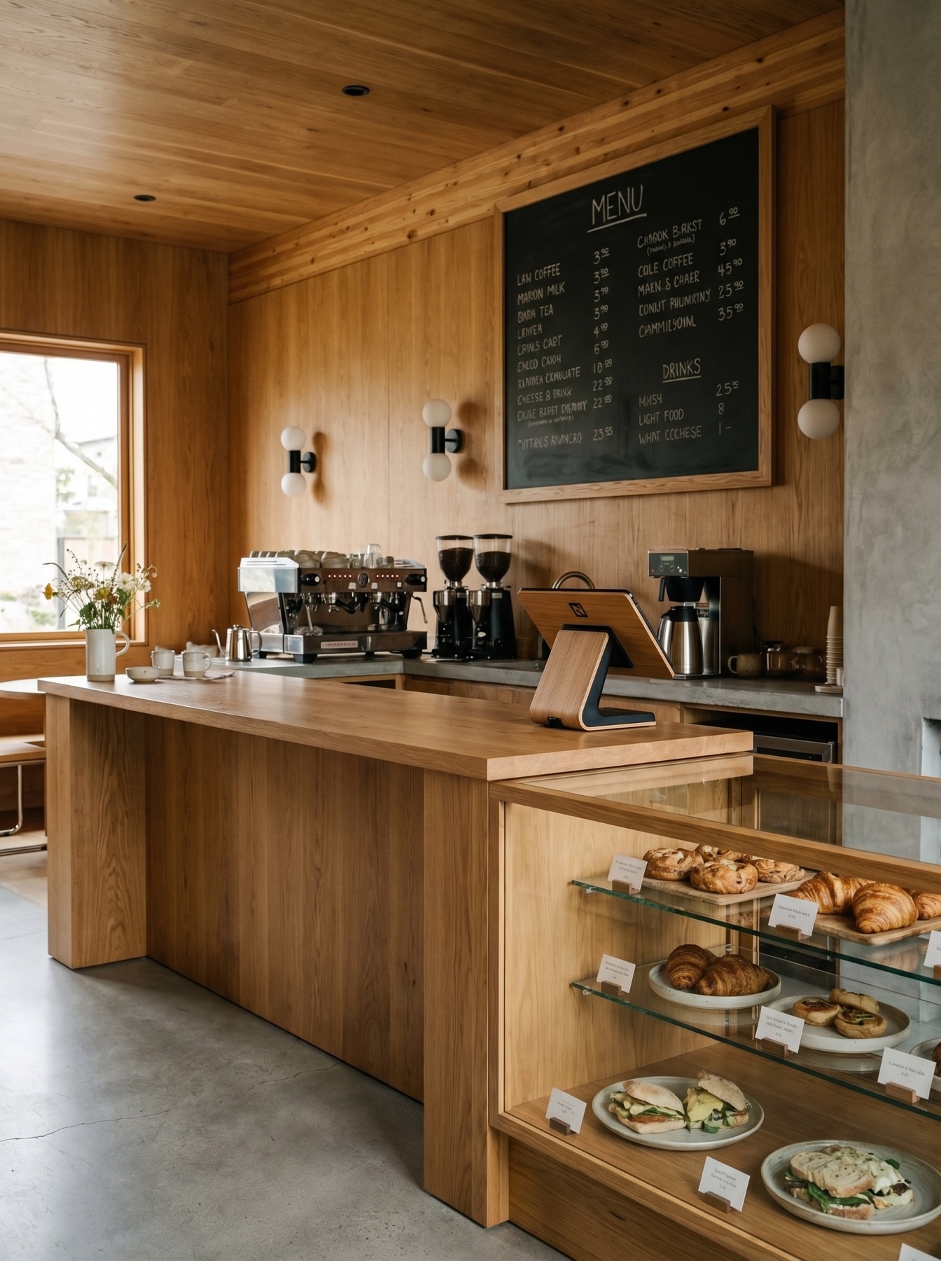 Timber service counter with coffee equipment and display