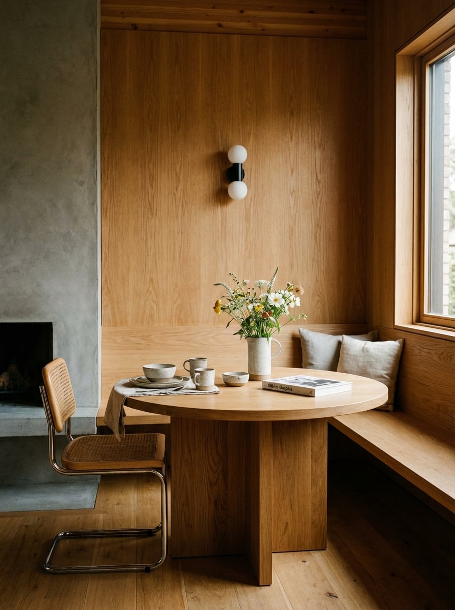 Window-side café table with integrated bench seating