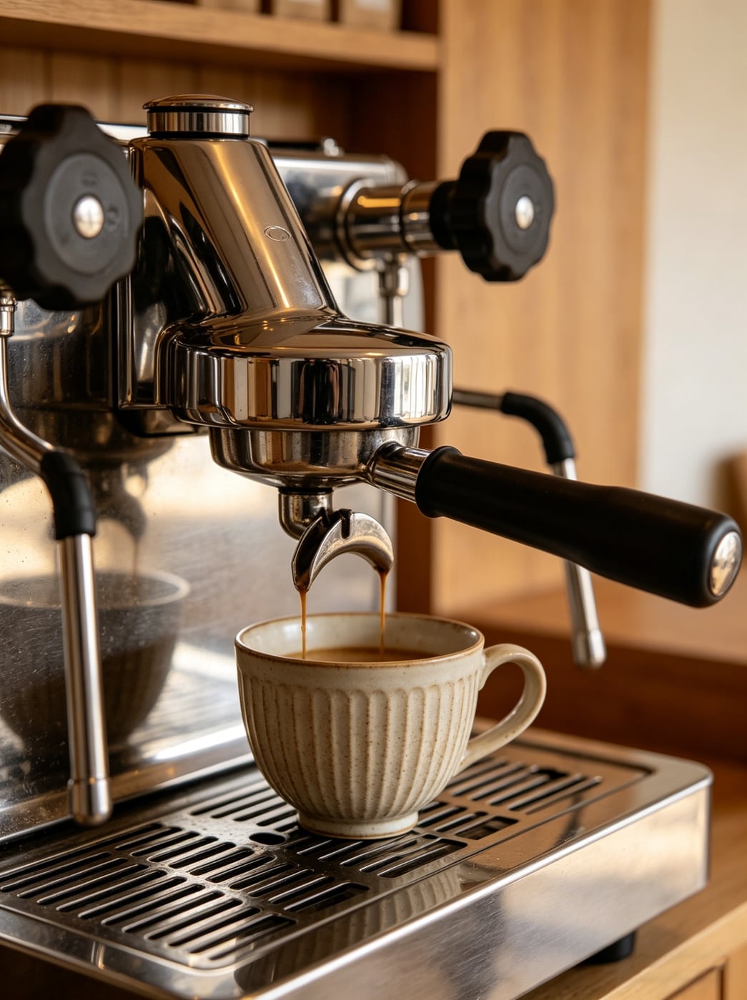 Close view of espresso preparation and material details