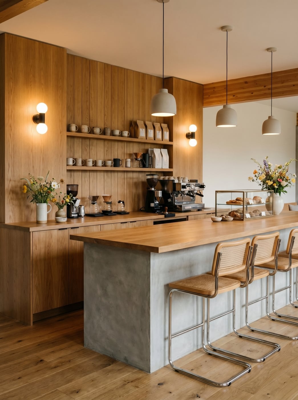 Customer counter and bar seating under warm wall lights