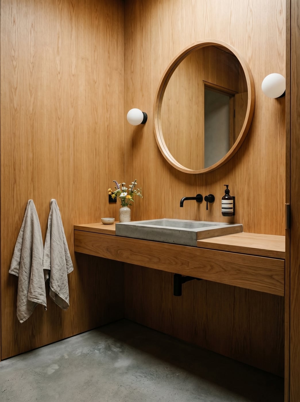 Hand-wash station integrated into the timber interior
