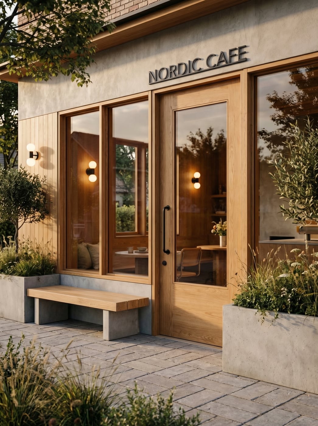 Café entrance framed by planting and timber glazing