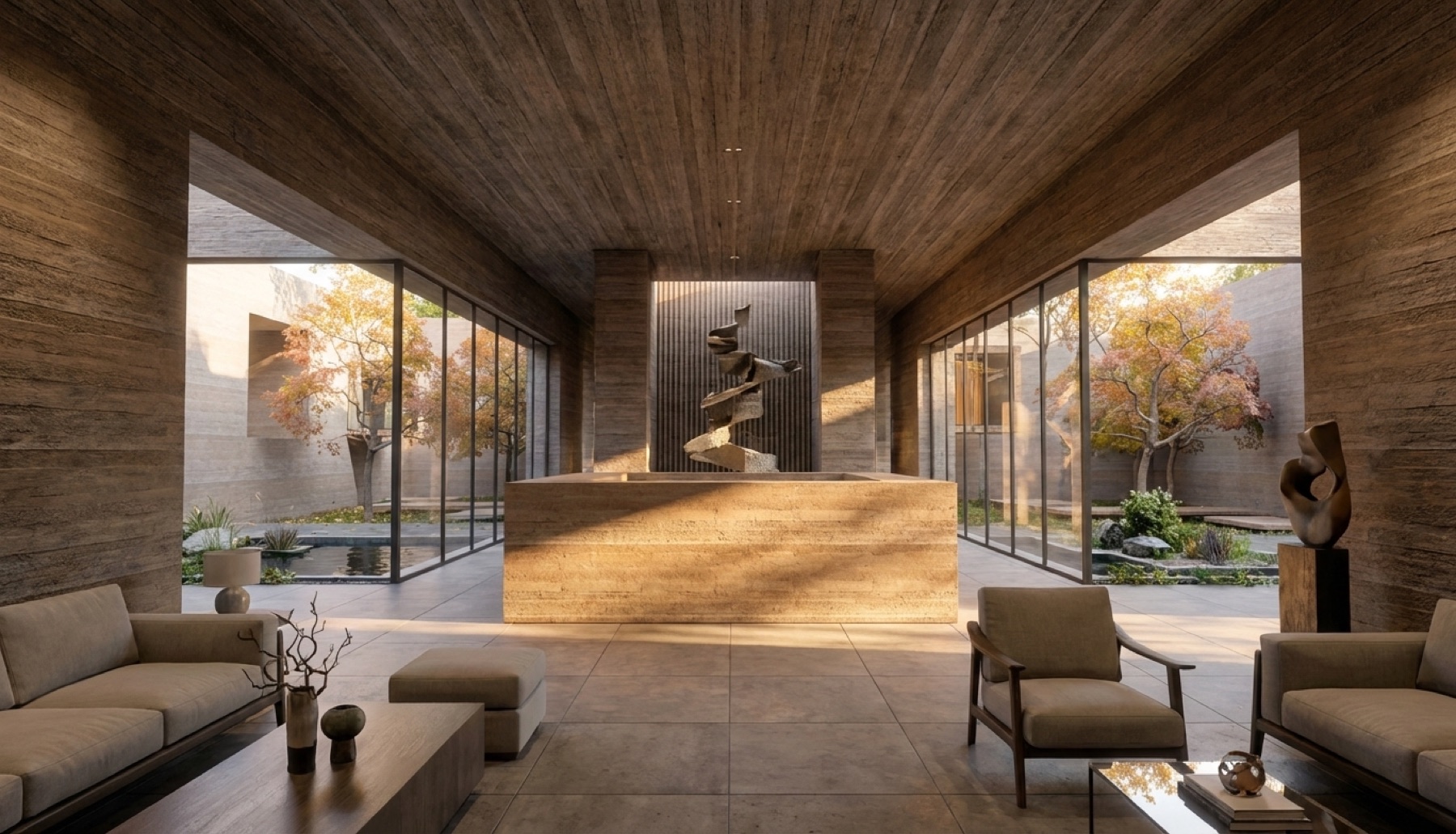 Long hospitality lounge between sheltered courtyards