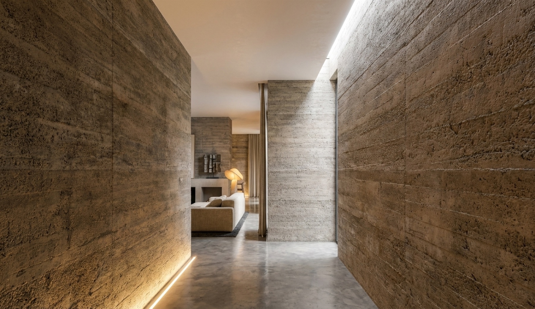 Rammed-earth passage with concealed floor lighting