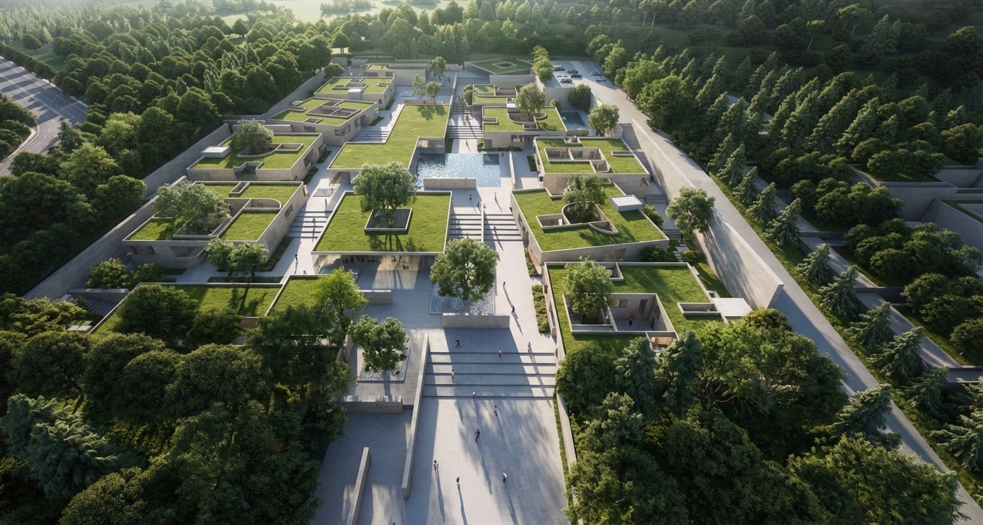 Aerial view of the retreat and its planted roofscape