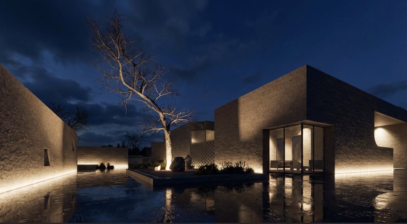 Retreat walls and reflecting pool after dark
