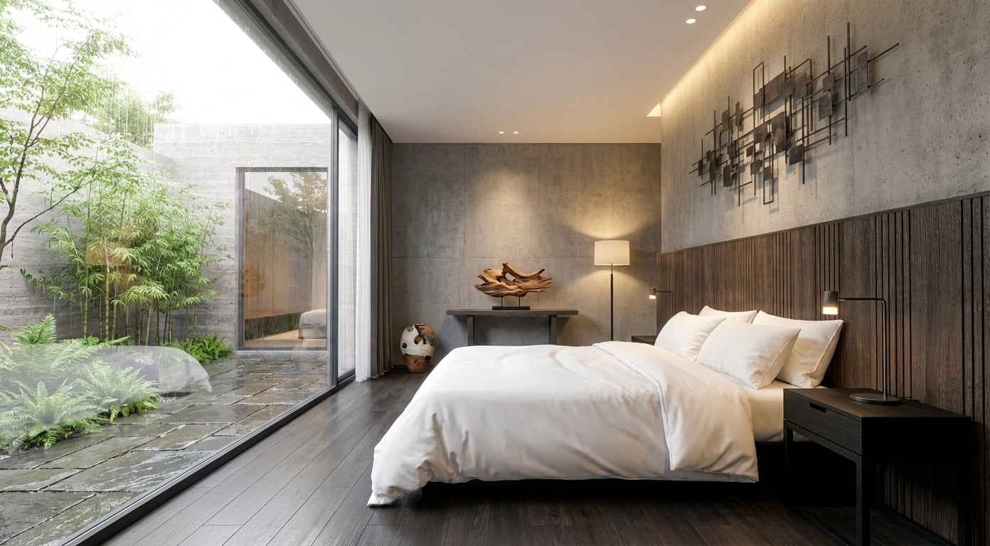 Guest room opening to a private planted courtyard