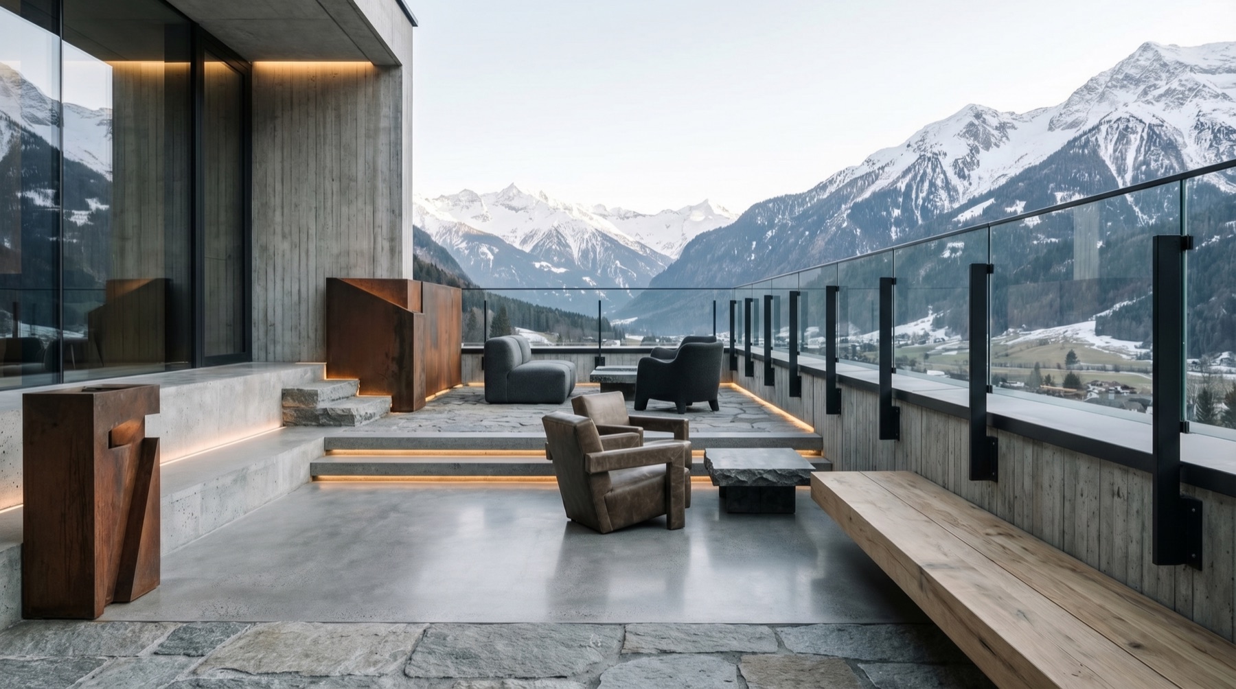 Terraced lodge lounge opening to mountain views