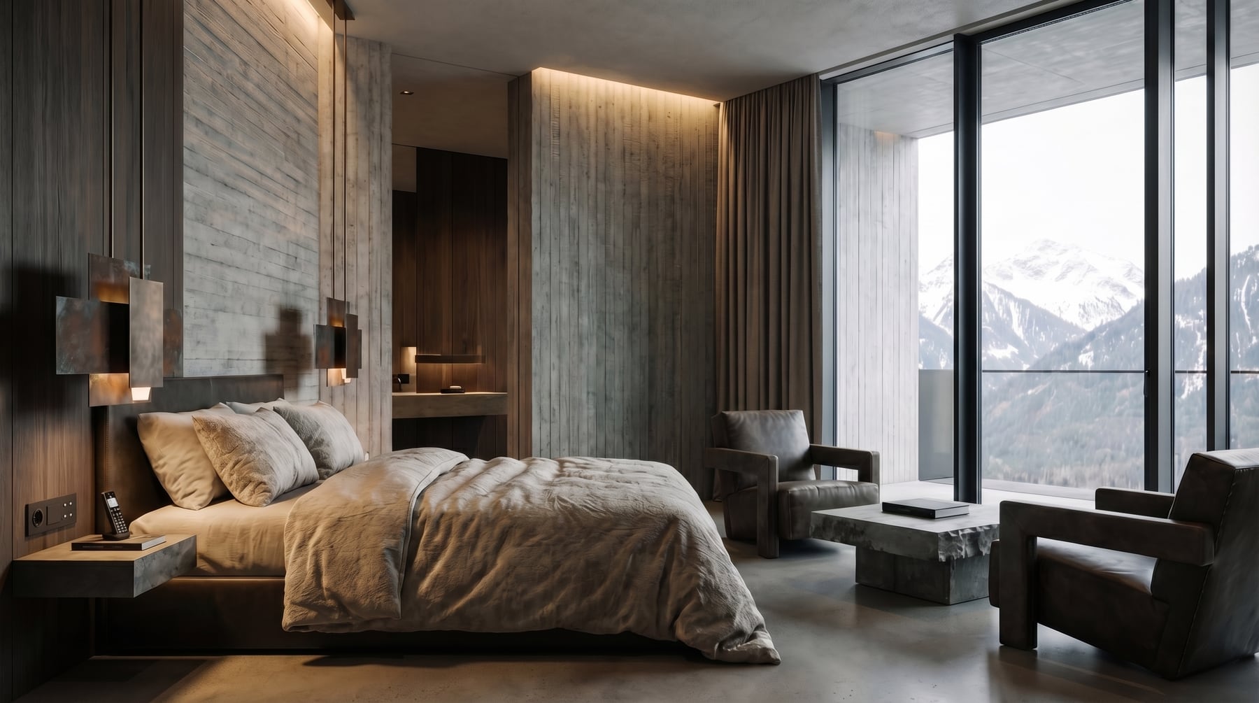Guest bedroom framed by full-height mountain windows