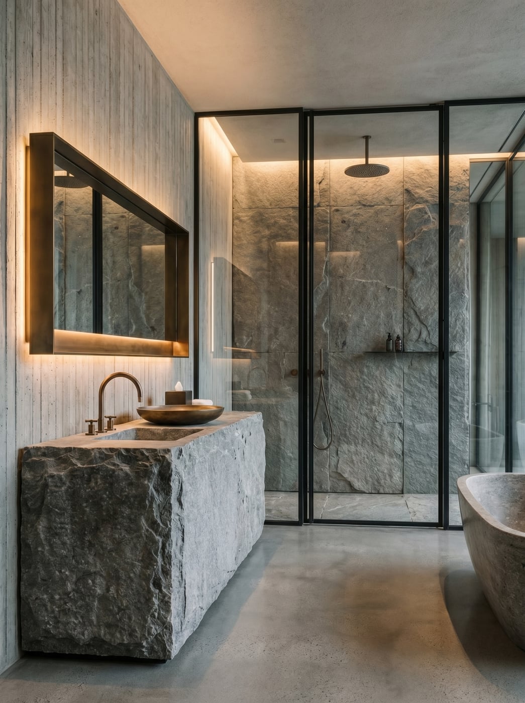 Stone vanity and shower with softly integrated lighting