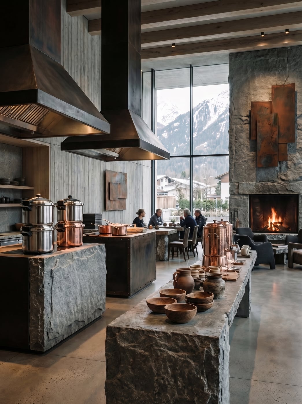 Open lodge bar gathered around a suspended fireplace