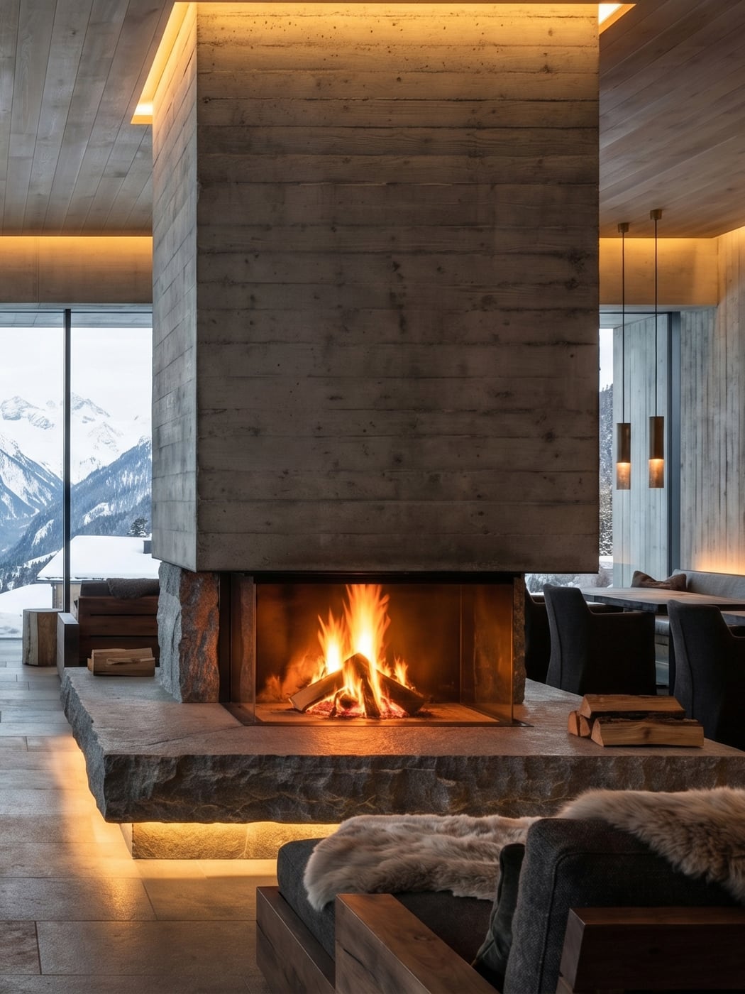 Central hearth with panoramic mountain views