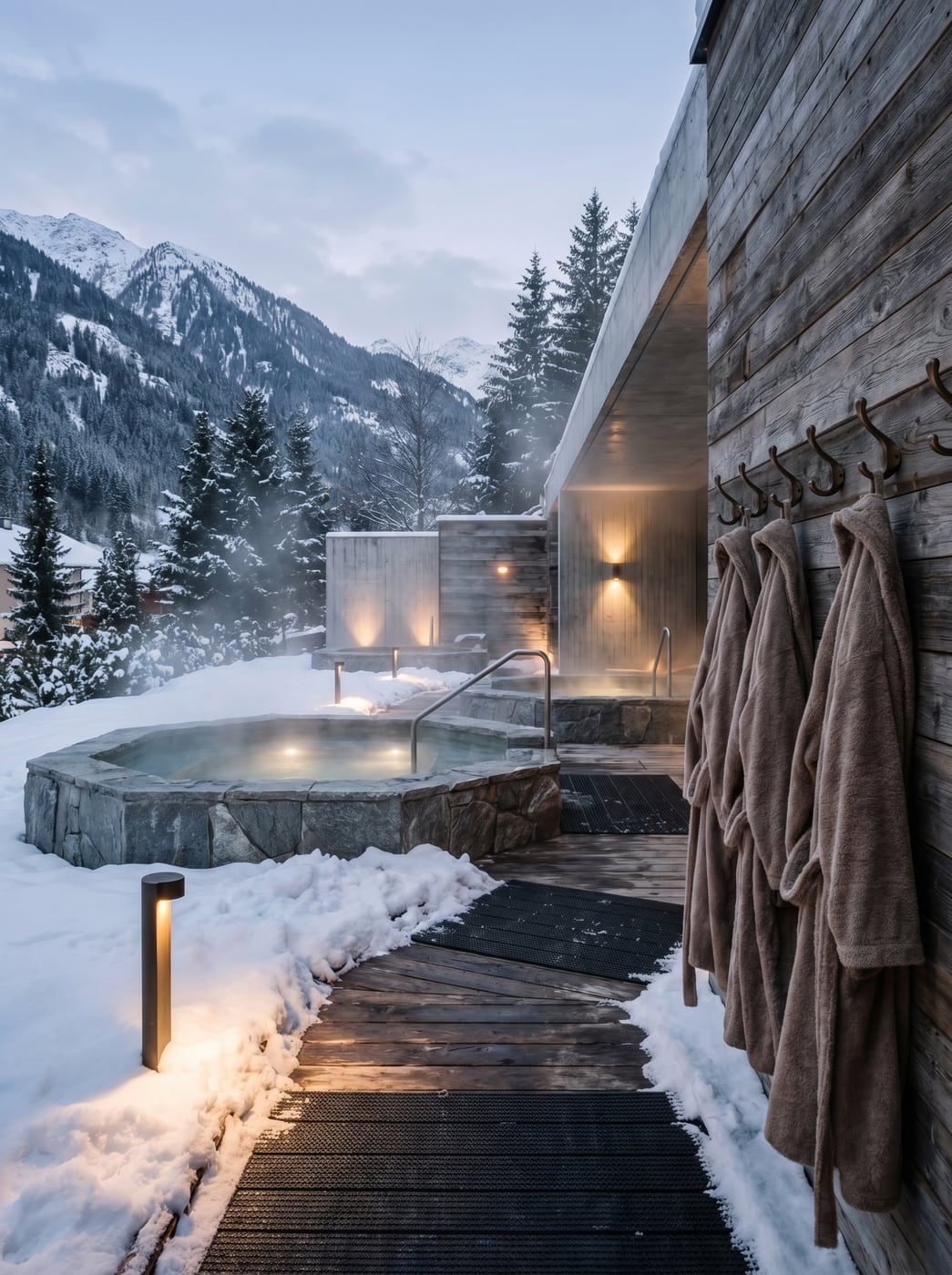 Snow-covered outdoor spa beside the lodge