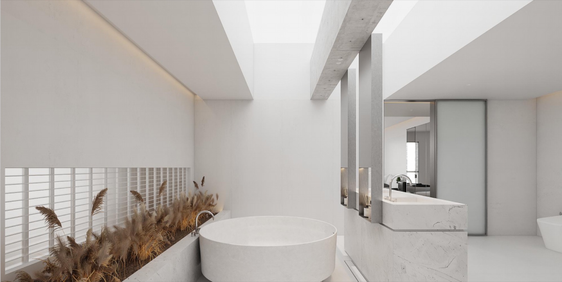 Minimal bathroom with integrated bath and skylight