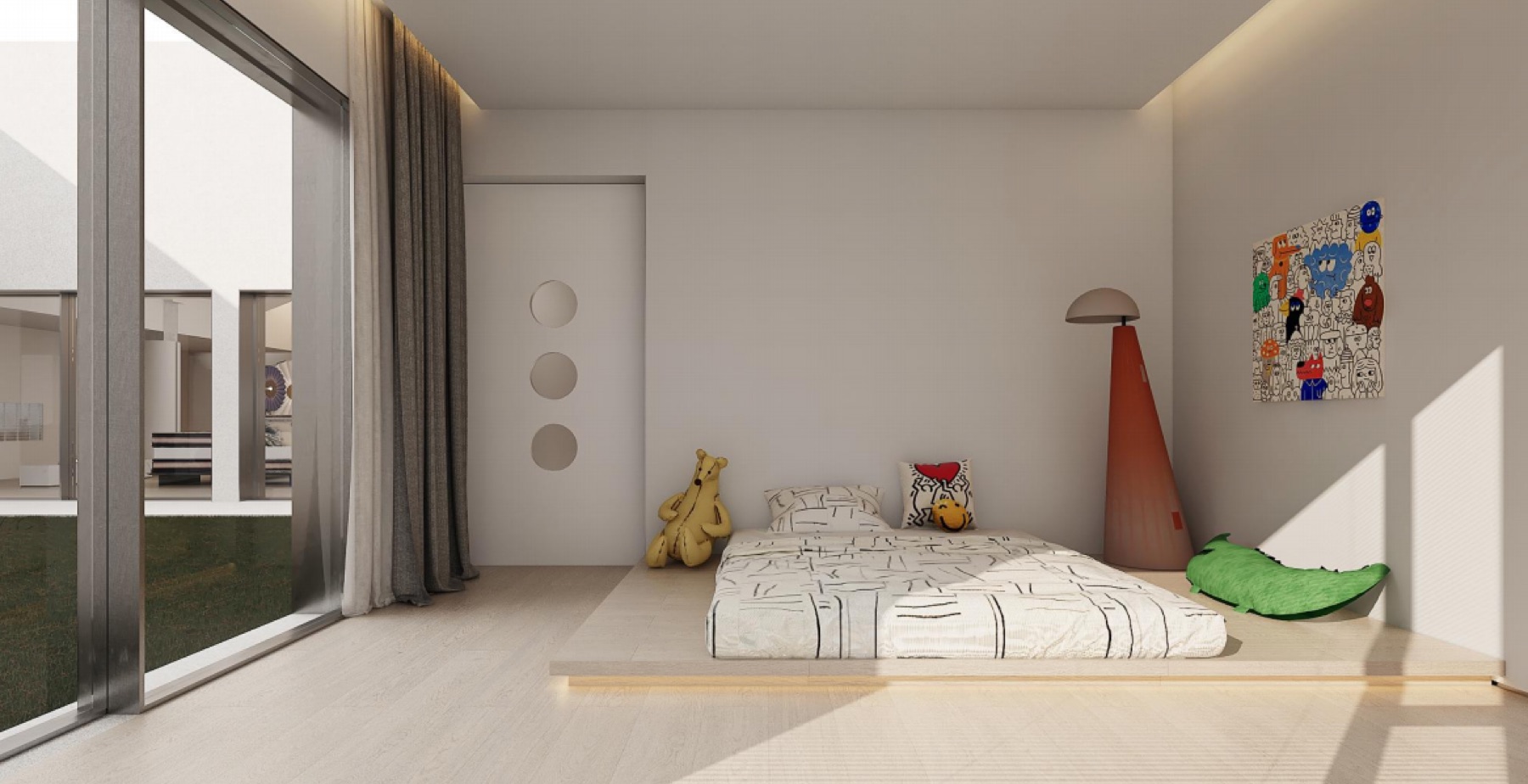 Calm children’s room with low built-in bed