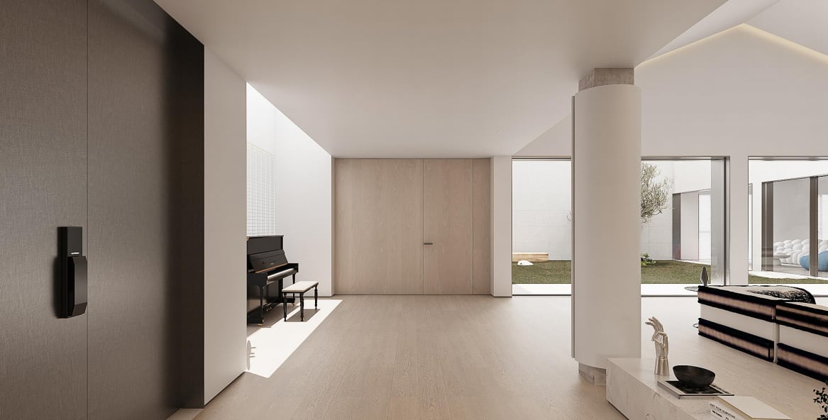 Open circulation space with concealed storage
