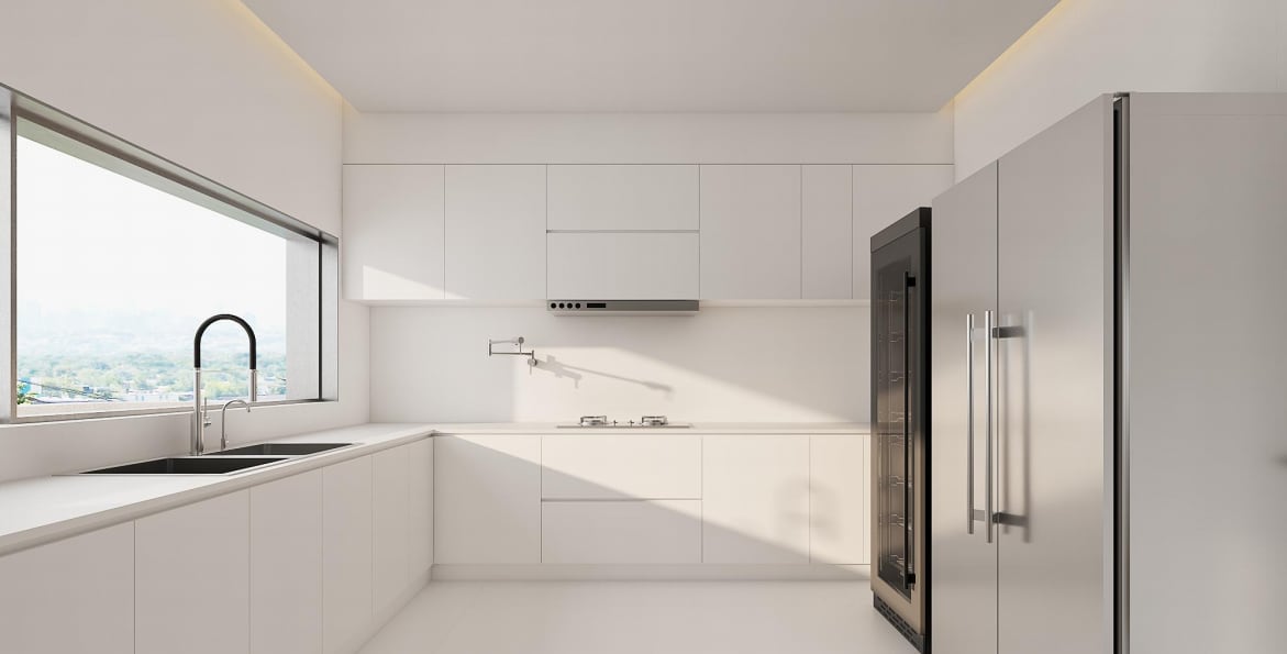 White kitchen with flush cabinetry and natural daylight