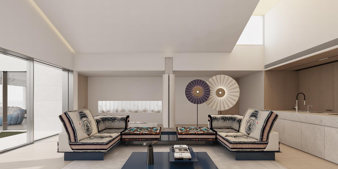 Formal sitting room framed by restrained geometry