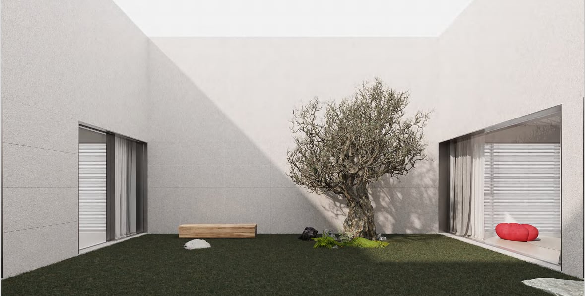 Private courtyard with a mature tree and built-in bench
