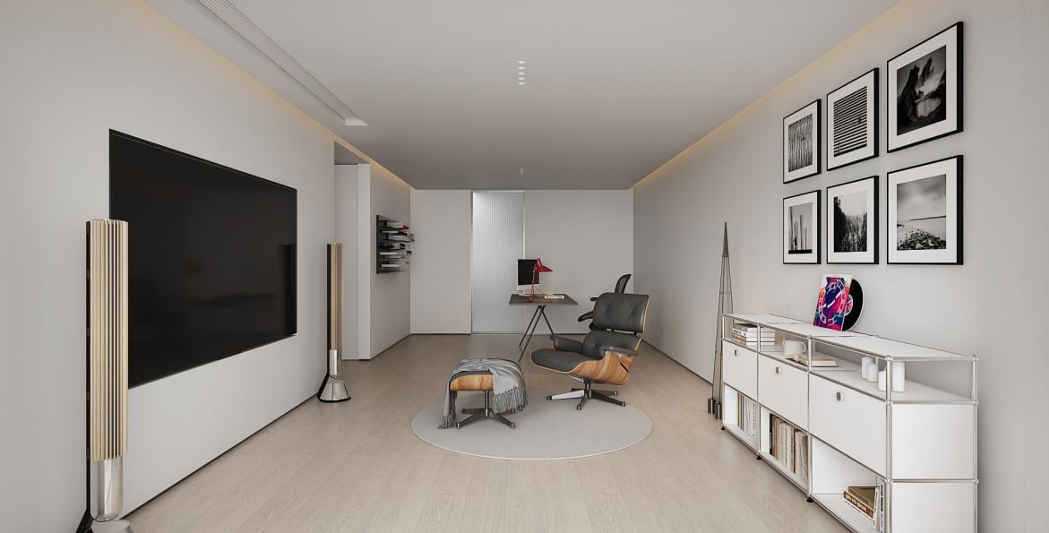 Media room with low furniture and monochrome artwork