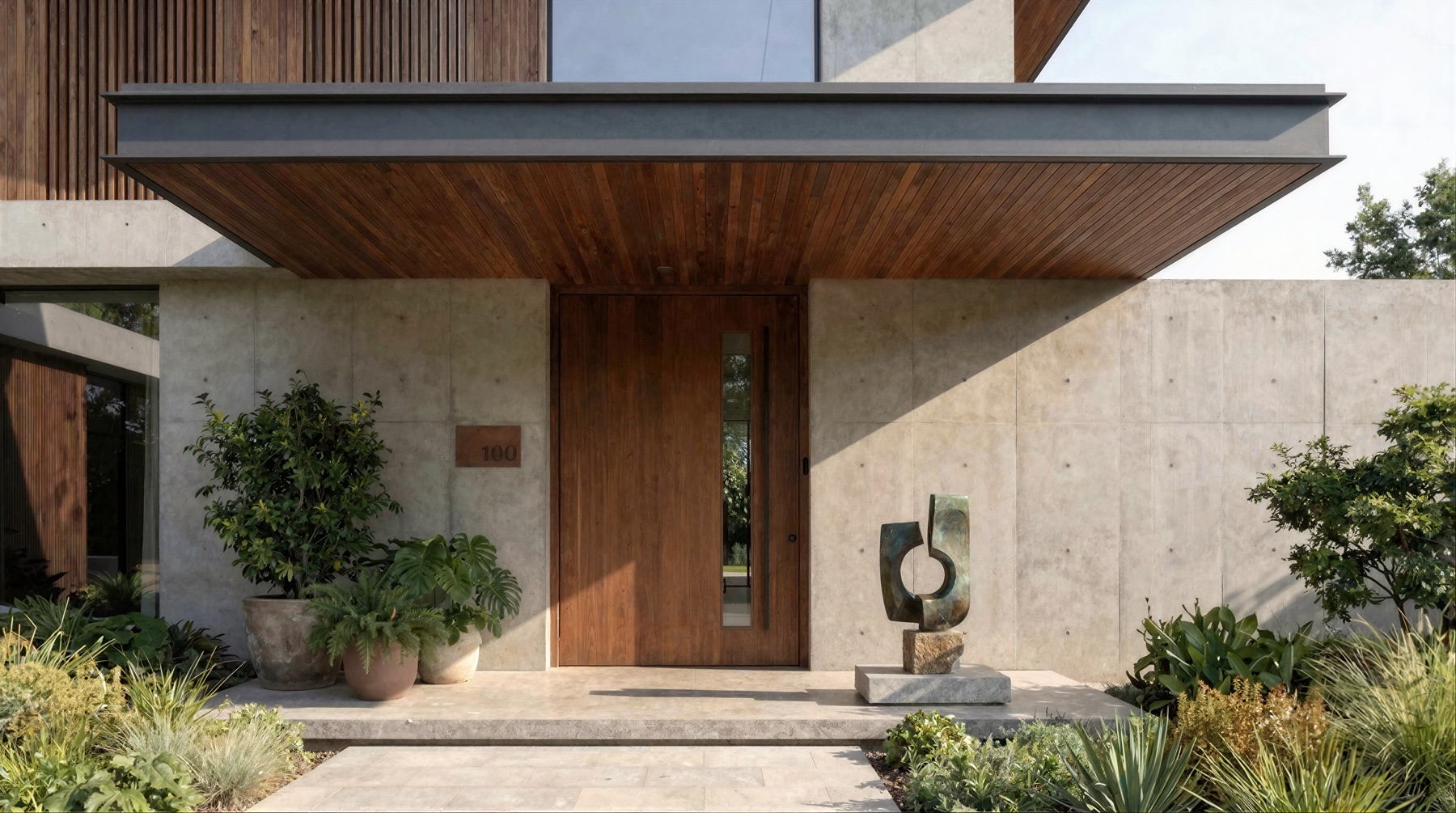 Sheltered villa entrance with stone and timber