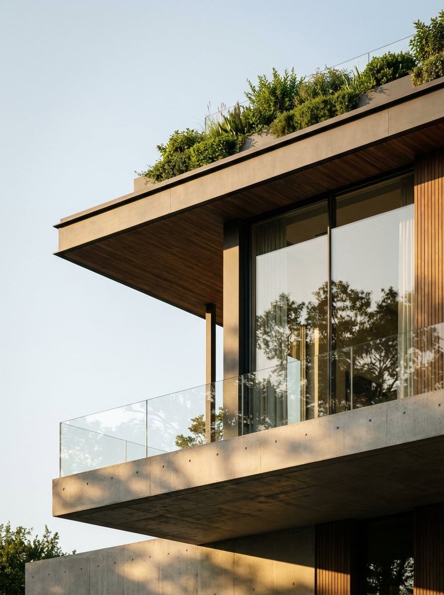 Cantilevered roof and glazed corner overlooking the garden