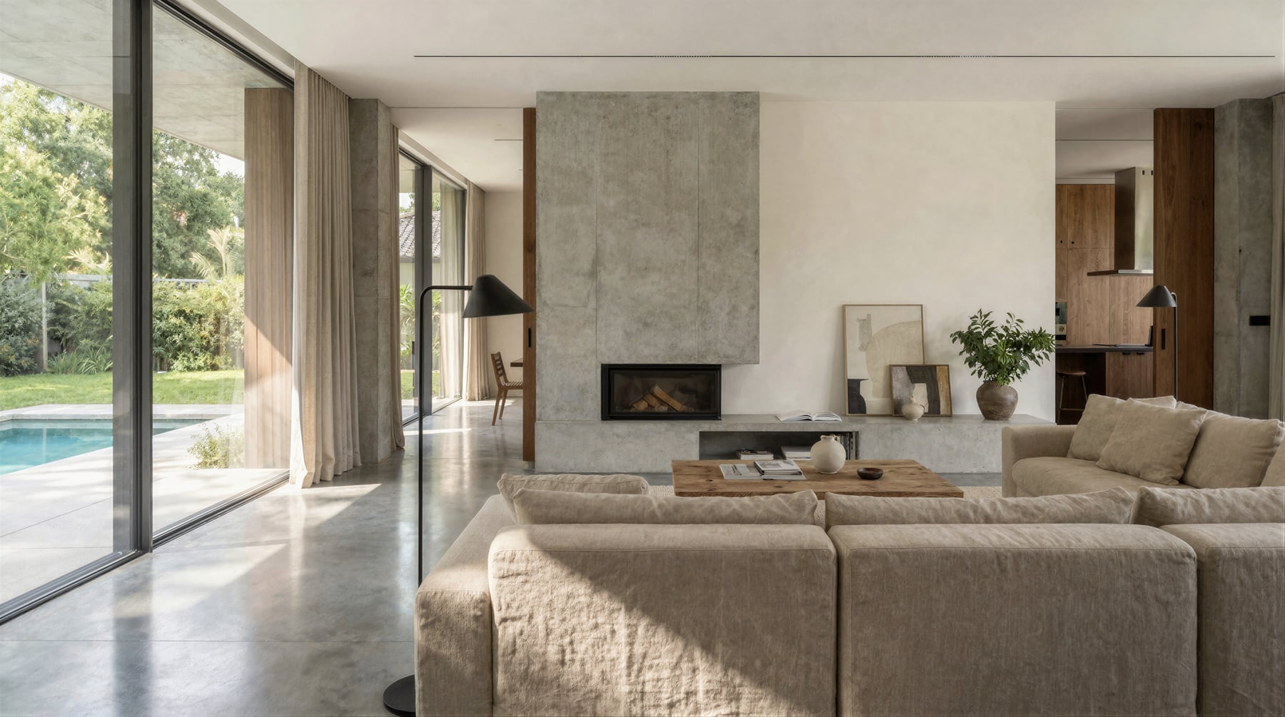 Fireplace lounge with soft neutral materials
