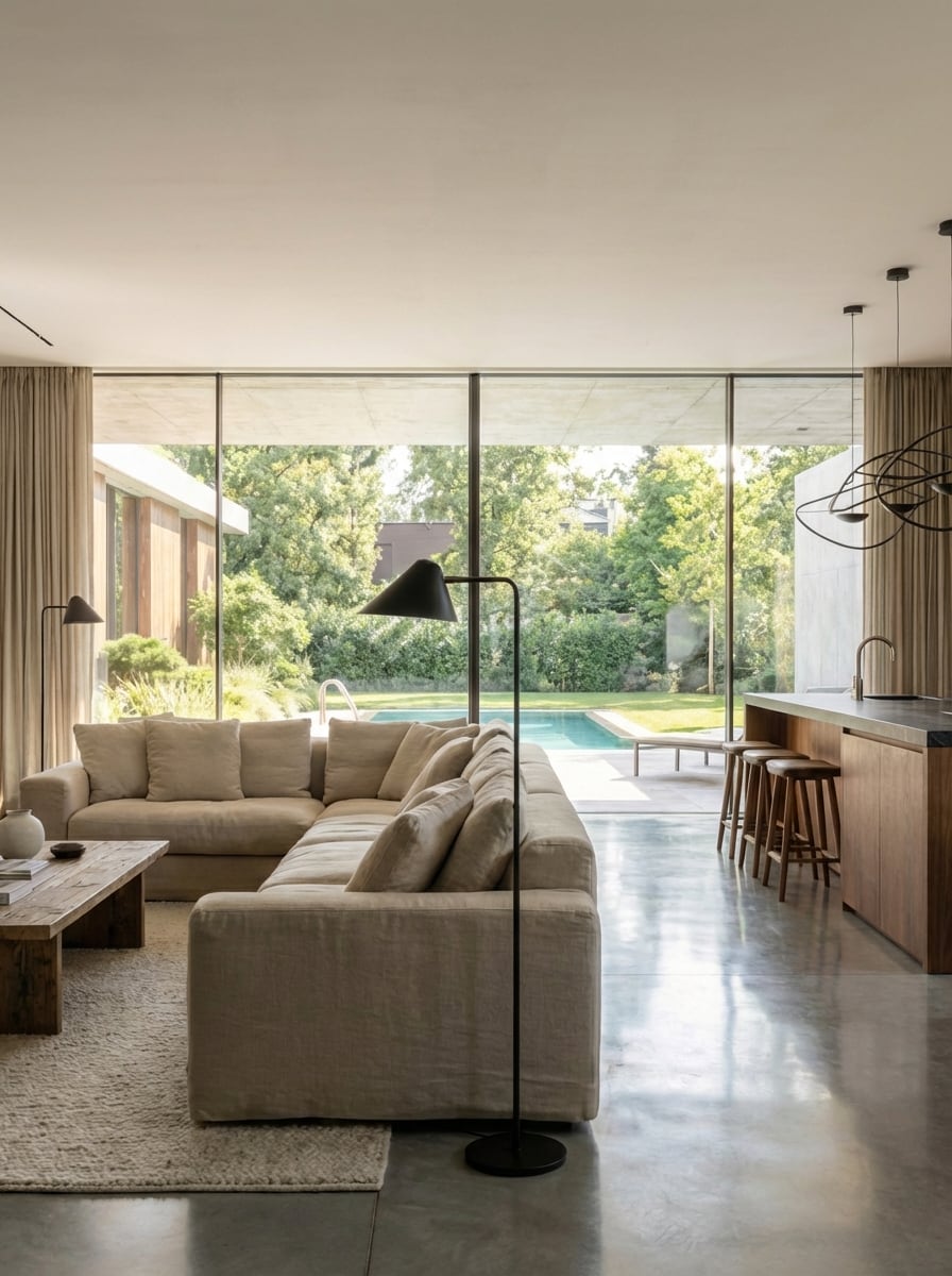 Living room aligned with the pool and garden