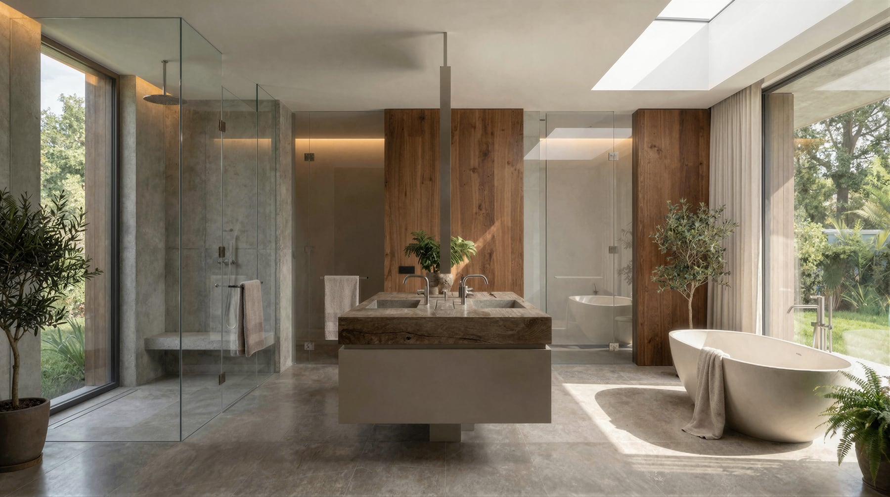 Spa-like bathroom with garden light and stone surfaces