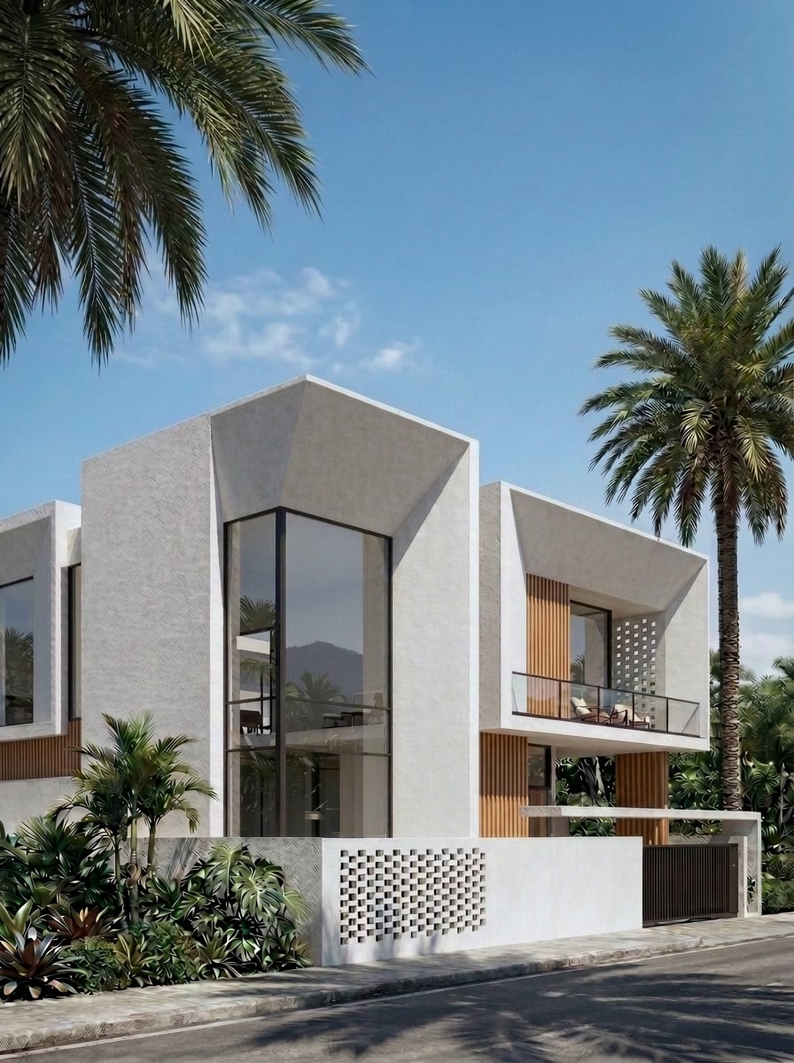 Tropical villa exterior framed by mature palms
