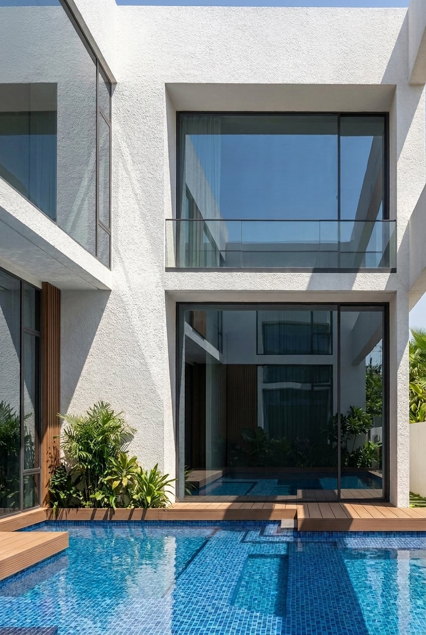 Daylit entrance courtyard between villa volumes