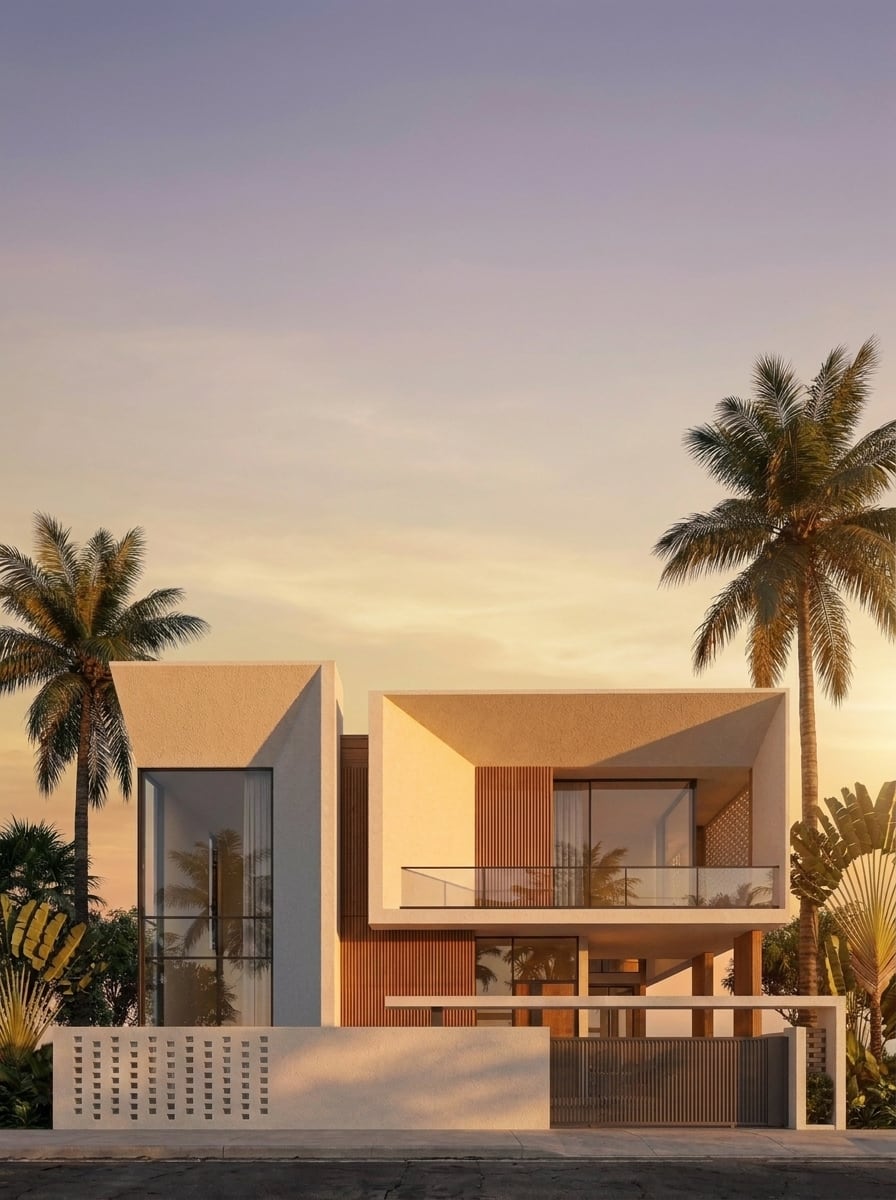 Villa facade at sunset with deep shaded terraces