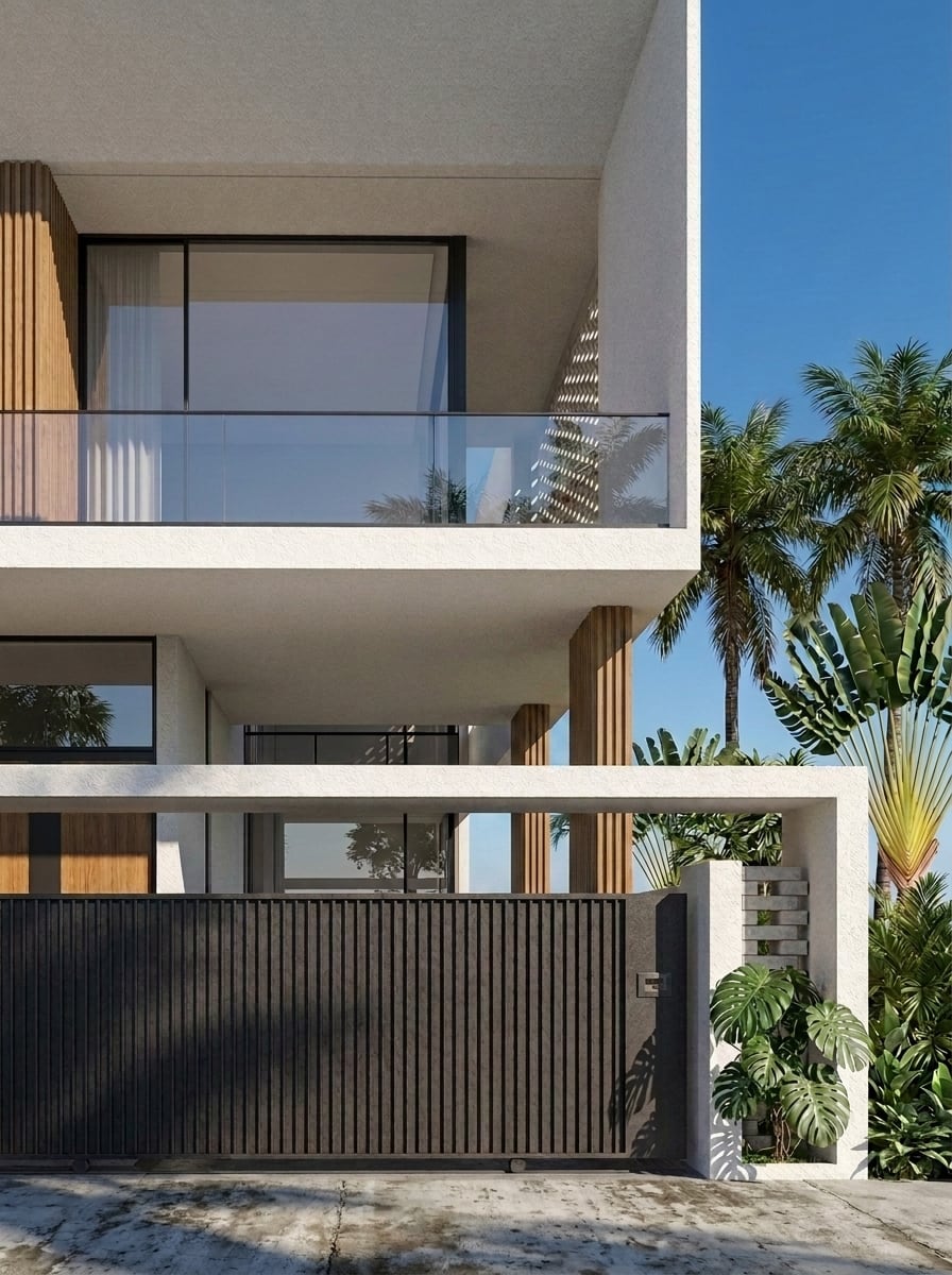 Layered villa elevation with balconies and planted edges