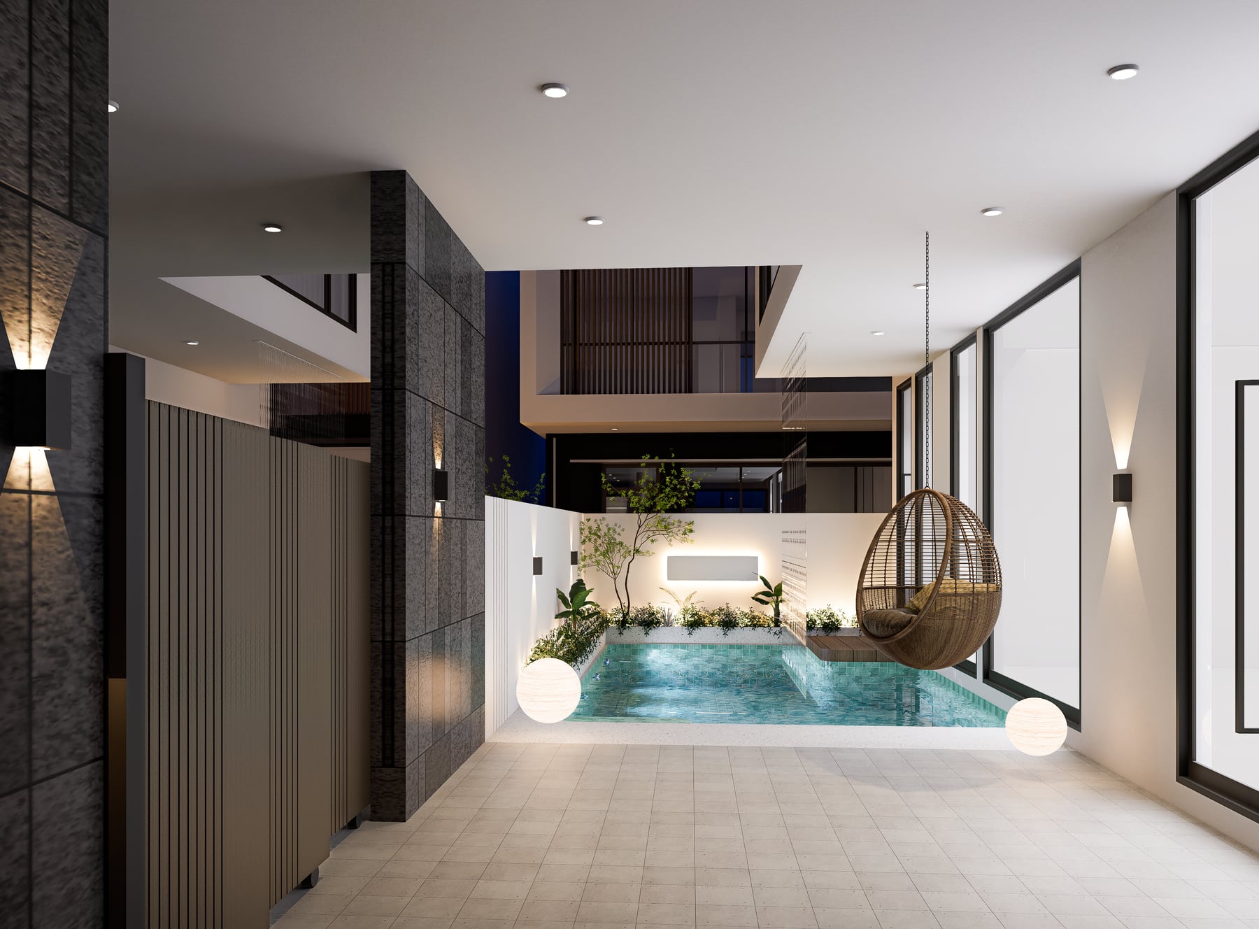 Double-height interior organised around a reflecting pool