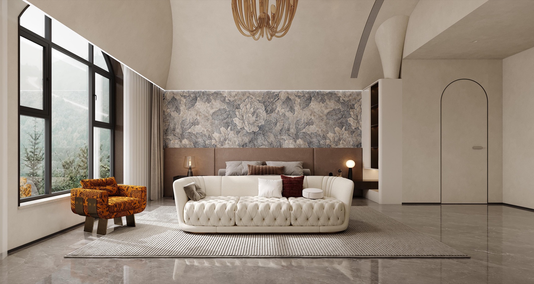 Furniture, decorative lighting, texture, and colour balanced against the architecture.