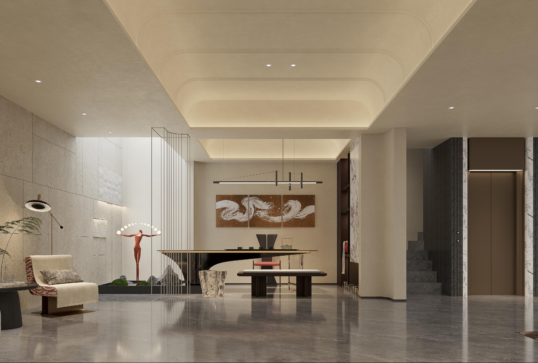 Whole-home material, furniture, and lighting decisions developed as a continuous interior.