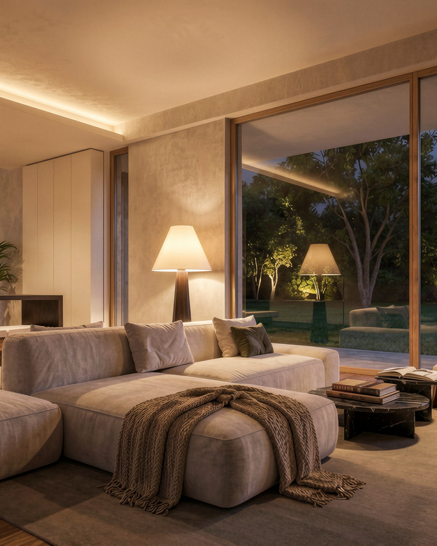 Warm contemporary living room with natural materials and garden views
