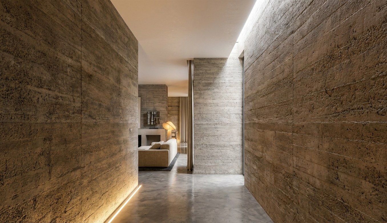Material-led passage showing the studio's spatial approach