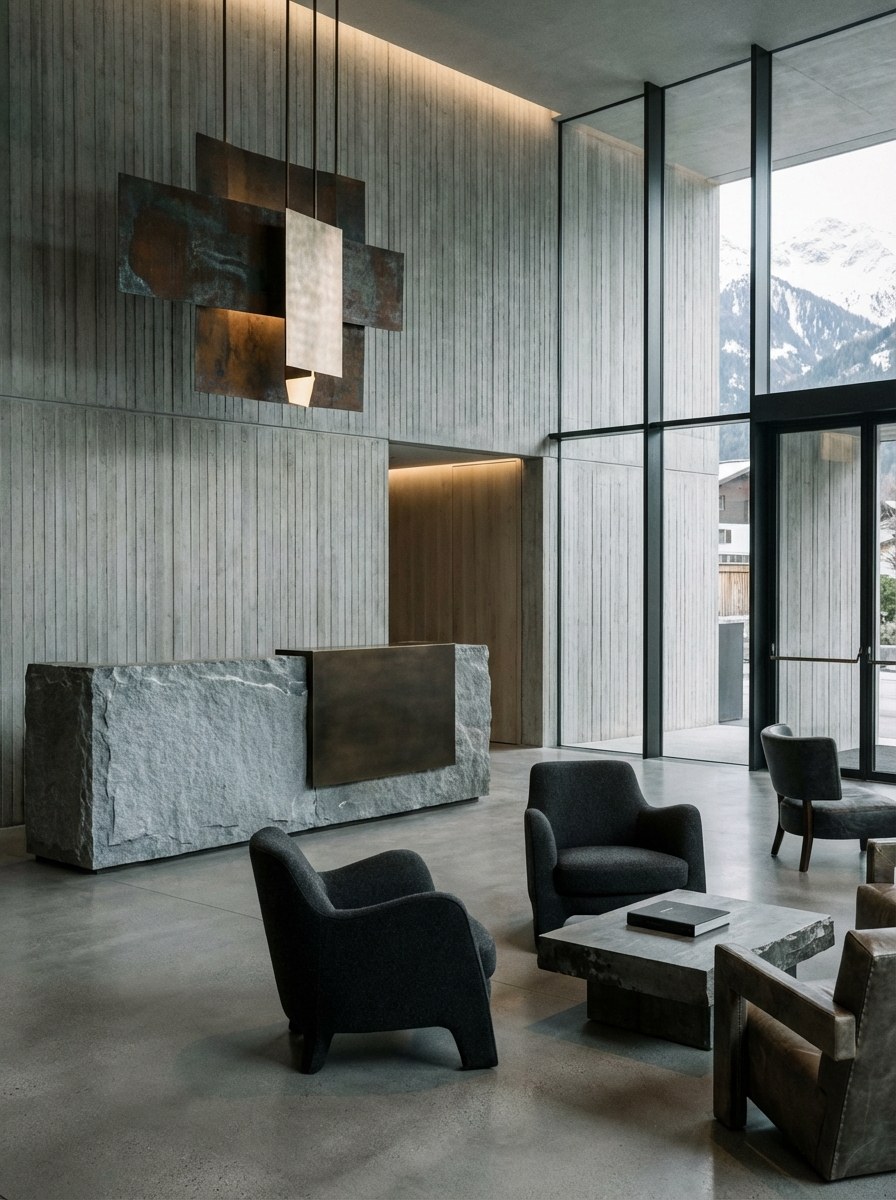 Hospitality lobby with stone and mountain views